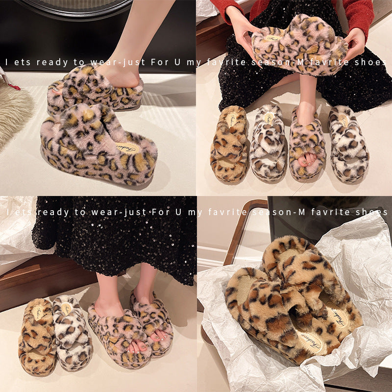 Internet Celebrity Leopard Print Furry Slippers for Women to Wear Outside 2025 New Autumn and Winter Thick-Soled Home Indoor Warm Plush Cotton Slippers