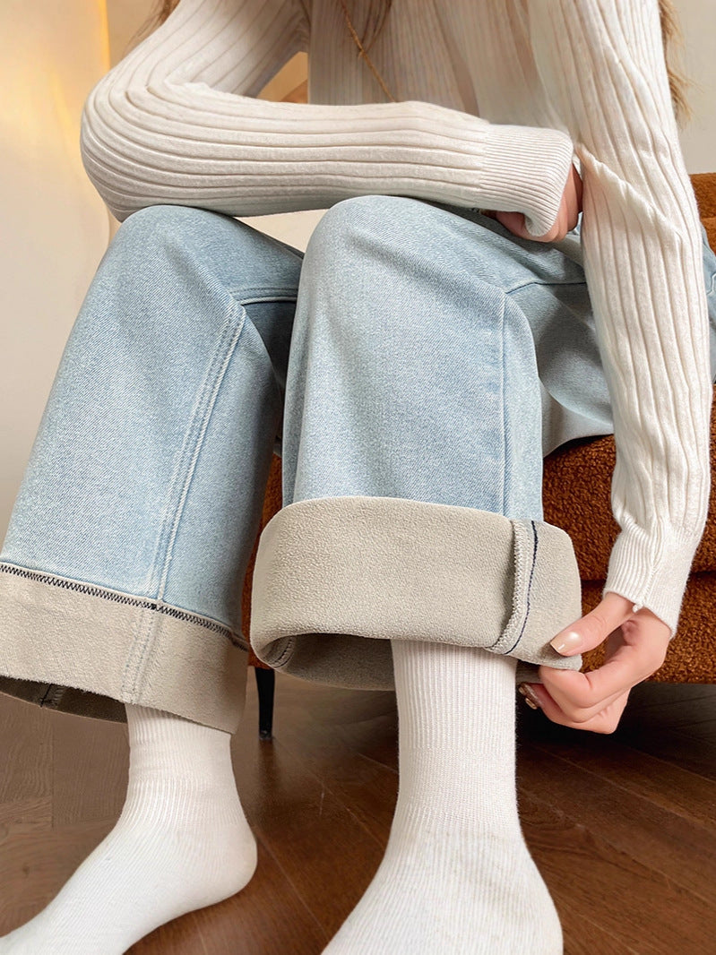 Fleece-Lined Cigarette Jeans for Women, Autumn/Winter 2026 New Style, Wide-Leg, Slim-Fit, Loose, Flattering, Petite Straight-Leg Pants