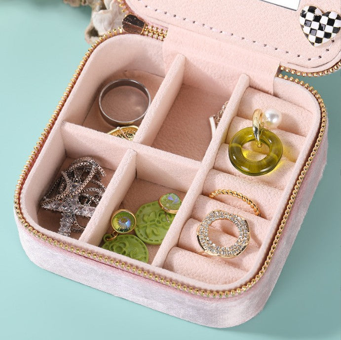 Portable Double-Layer Zipper Velvet Jewelry Storage Box Flip Earrings Earrings Ring Storage Jewelry Box