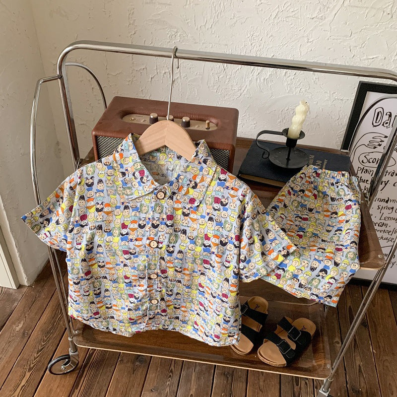 2026 New Children's Short-Sleeved Suit, Men's Short-Sleeved Shirt Suit, Short-Sleeved Shorts Beach Two-Piece Set