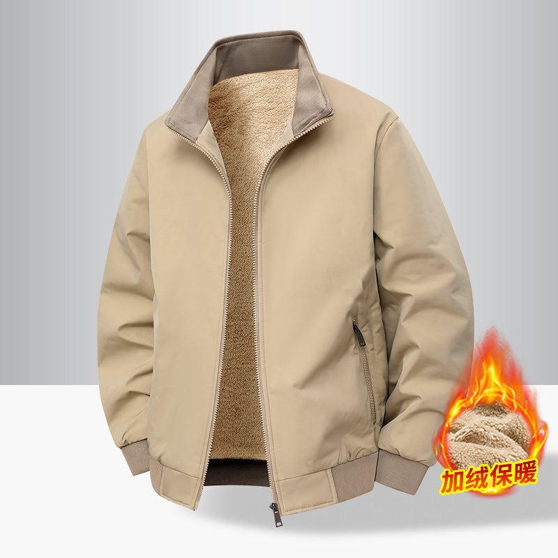 Thick Velvet Jacket 2025 Large Size Men's Outwear Autumn and Winter Middle-Aged and Elderly Stand-Up Collar Business Dad's Cotton Outwear