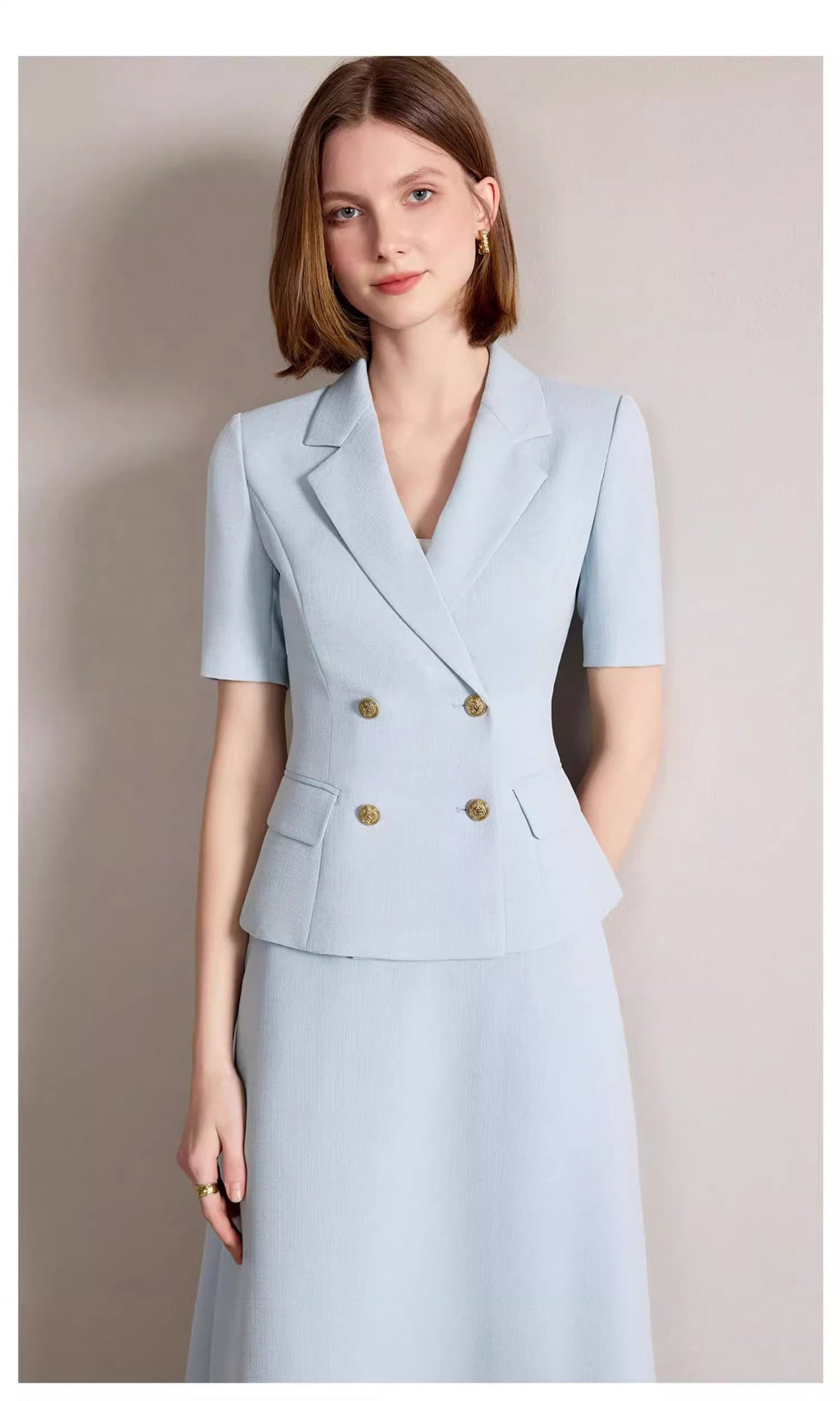 Summer New Short-Sleeved Light Blue Professional Women's Skirt Suit Double-Breasted Suit Collar Office Manager Commuting Formal Wear