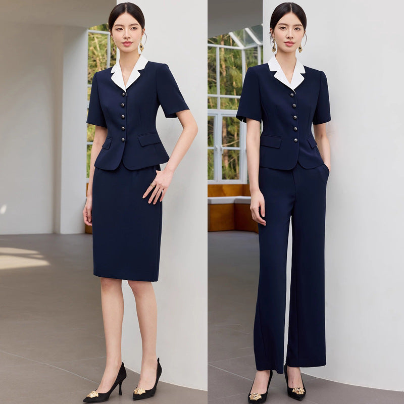 Summer New Navy Blue Short-Sleeved Professional Suit Suit Color-Blocked Suit Collar Single-Breasted Slim Slim Work Clothes