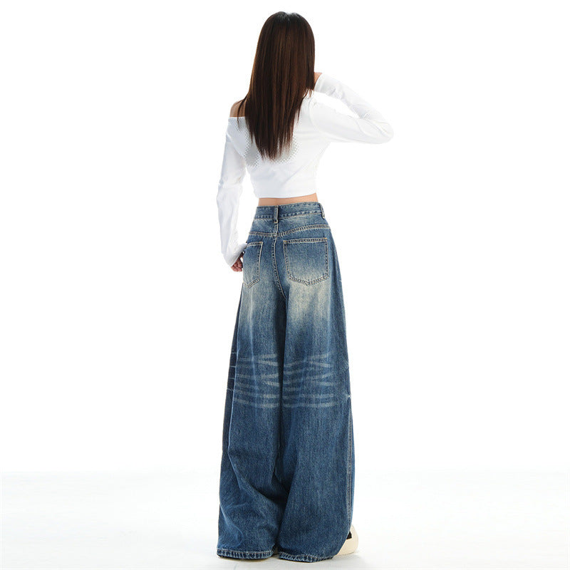 Raccoon House # High-Waisted Loose Whiskered Floral Heavy Craft Jeans for Women 2025 Autumn New Drape Slimming Floor-Length Pants