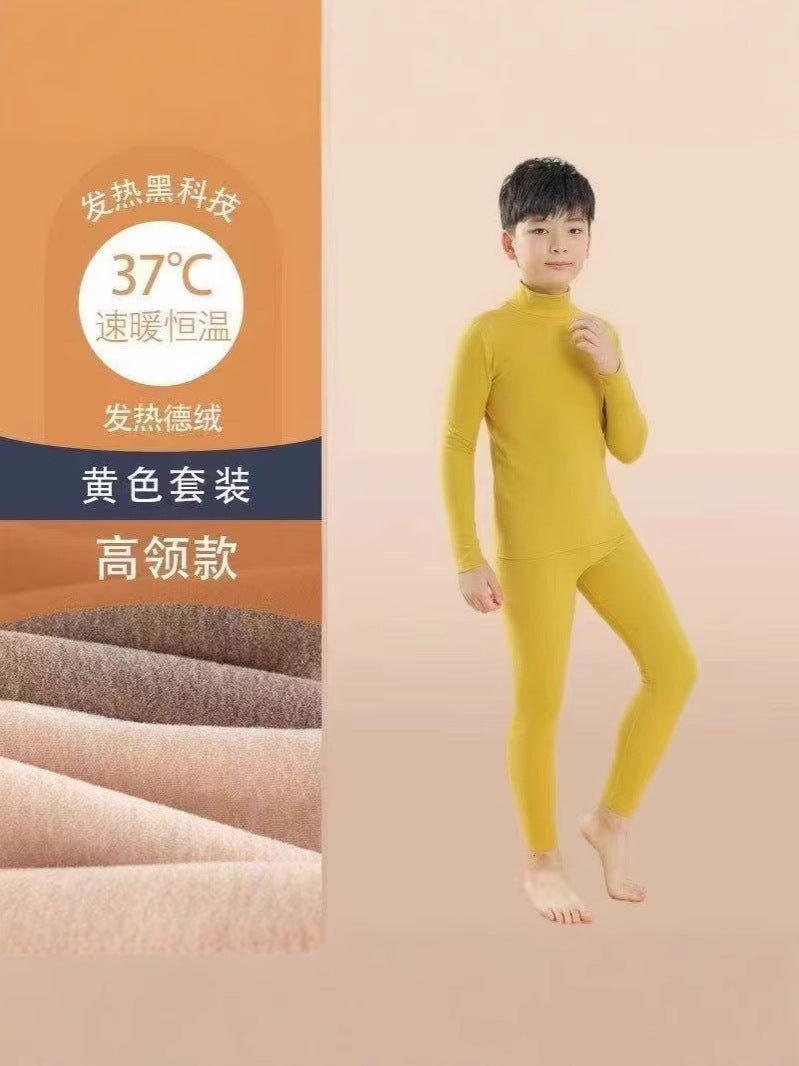 Mid-high collar children's velvet thermal suit for boys ground plush cold-proof one-piece velvet large children's thick thermal underwear
