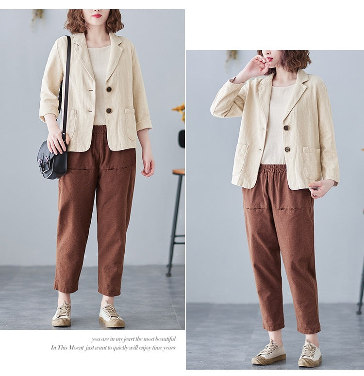2025 Real Shot of New Cotton and Linen Retro Literary Loose Versatile Casual Long-Sleeved Button-Down Small Suit Short Jacket for Women