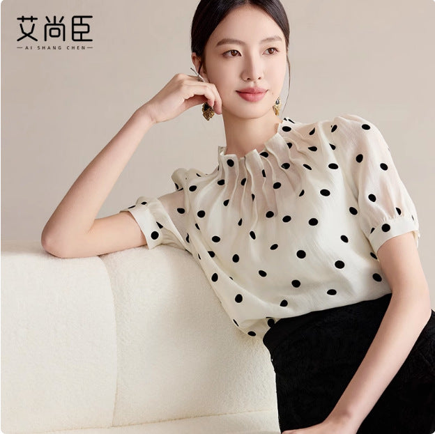 Summer New Short-Sleeved Design Romantic Polka Dot Women's Shirt Small Fresh and Stylish Tencel Skin-Friendly Small Stand-Up Collar Shirt
