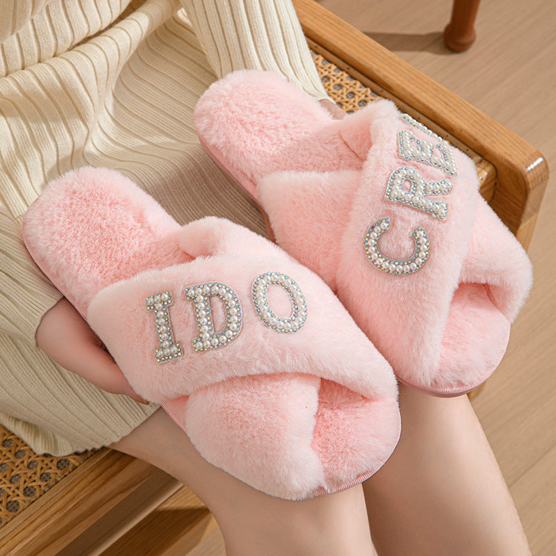 Cross-Border Popular Pearl Letters Bride Bridal Cross Fur Slippers Bachelor Party Wedding Plush Slippers for Women