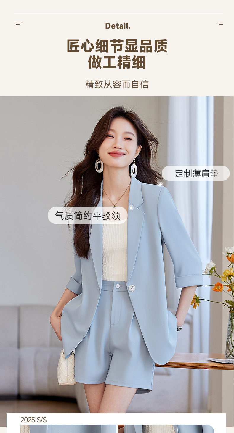 Blue Mid-Sleeve Chiffon Suit Jacket for Women 2025 New Summer Thin Style Fashionable High-End Shorts Suit