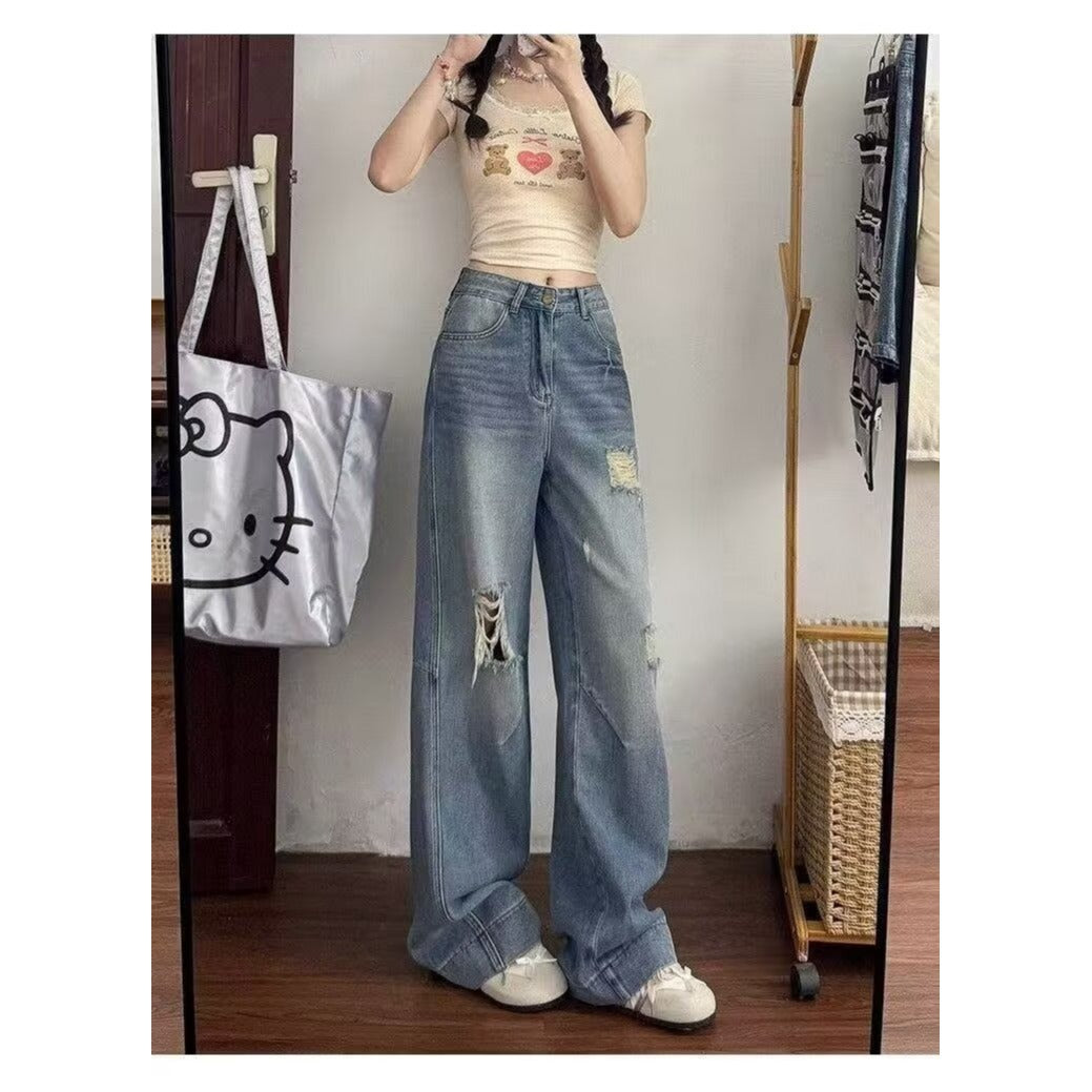 American Style Ripped Jeans for Women, Autumn New Plus-Size High-Waisted Pear-Shaped Figure Slimming Loose Wide-Leg Pants