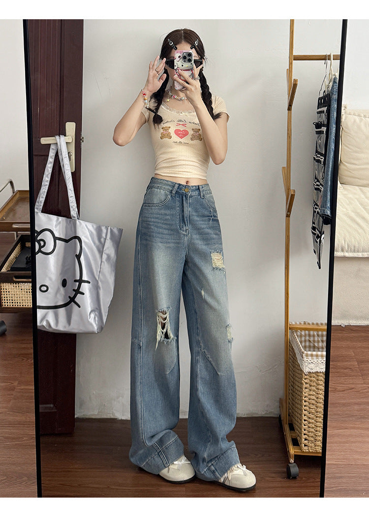 2025 Retro High-Waisted Ripped Jeans for Women in Spring and Autum New Pear-Shaped Figure Slimming Look Loose Wide-Leg Pants