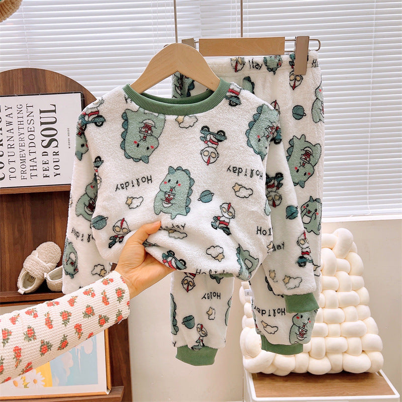 Men's and Women's Flannel Pajamas suit Autumn and Winter Middle and Big Children's Warm fleece-lined Thickened Autumn Clothes and Pants Home Clothes
