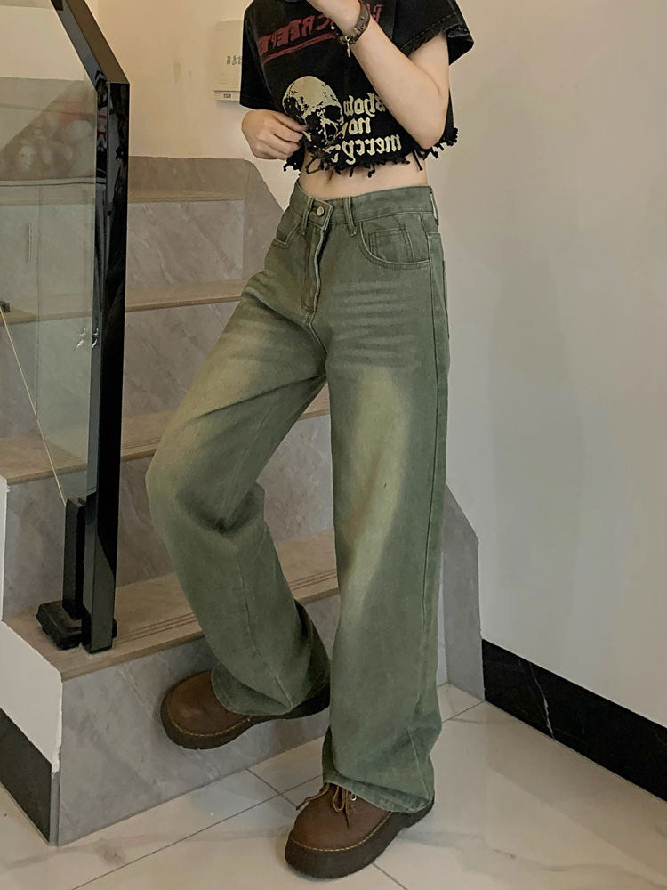 2025 Spring and Autumn Retro American High Waist Slim Straight-Leg Jeans Fashion Women's Loose Floor-Length Wide Leg Long Pants