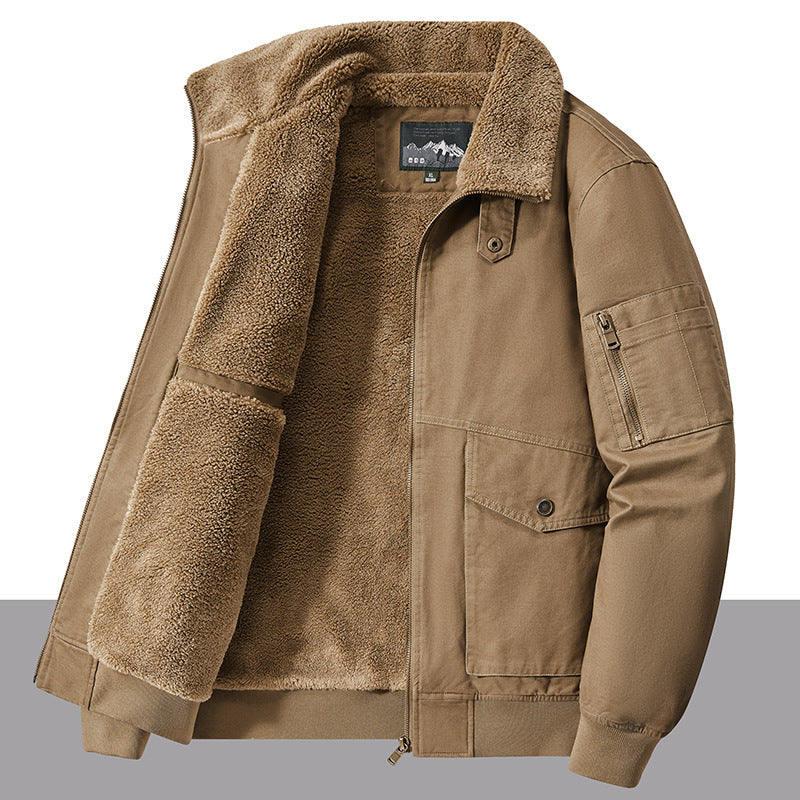 2024 Autumn and Winter Cross-Border Cotton-Padded Jacket with Fleece Lining, Thickened for Warmth, Large Size Windproof and Cold-Resistant Casual Turn-Down Collar Coat
