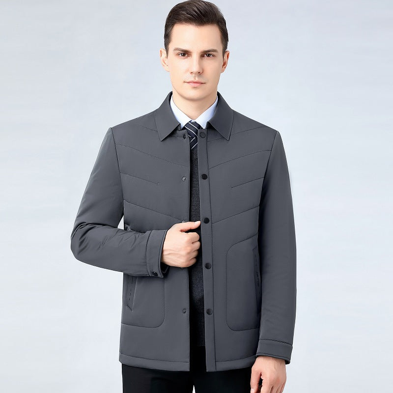2025 Winter Mulberry Silk Men's Cotton Jacket with Turn-Down Collar, Quilted Middle-Aged Business Casual Cotton Coat for Dad