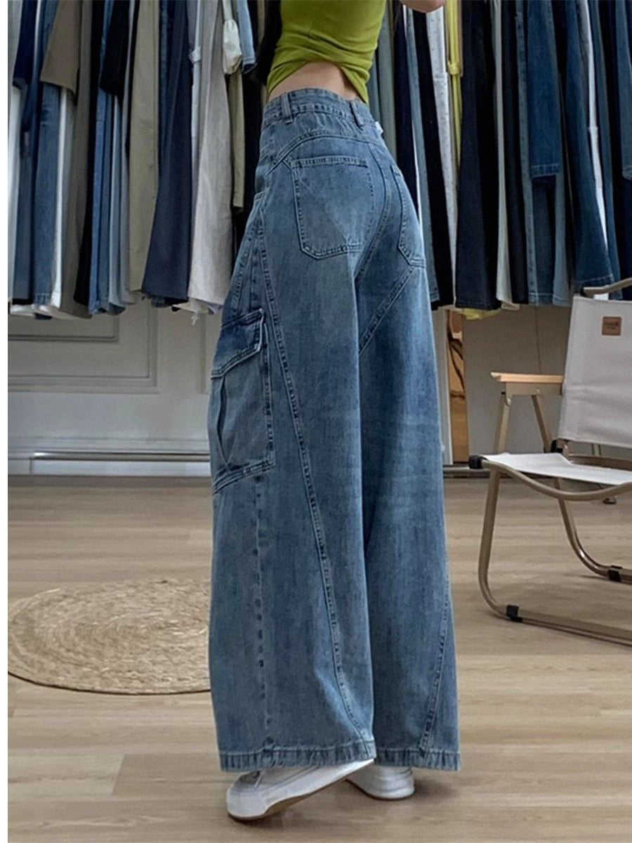 Vintage Washed Heavy-Duty Patchwork Wide-Leg Jeans for Women 2025 Autumn New High-Waisted Floor-Length Loose Cargo Pants