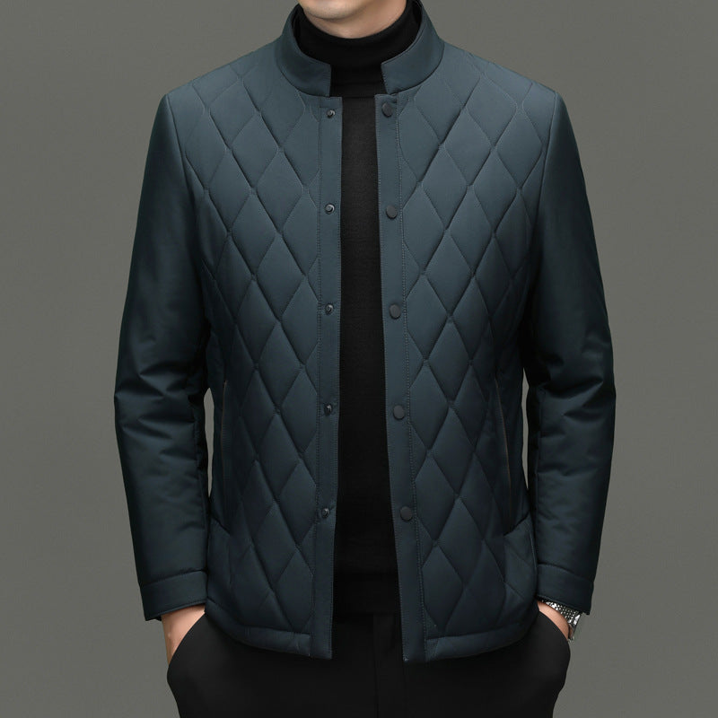 Men's Stand Collar Diamond Pattern Cotton Jacket Autumn and Winter Business Casual Warm Jacket Young and Middle-Aged Fashion Single-Breasted Top