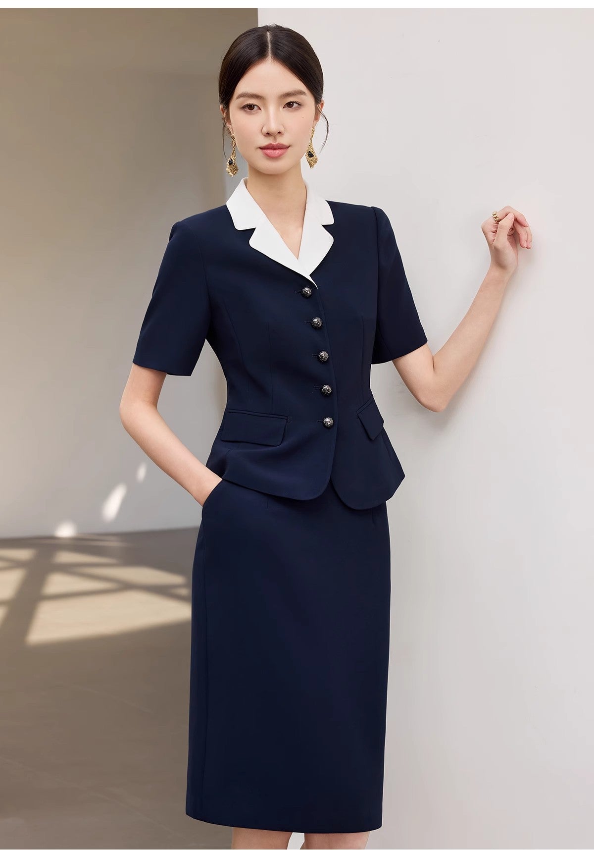 Summer New Navy Blue Short-Sleeved Professional Suit Suit Color-Blocked Suit Collar Single-Breasted Slim Slim Work Clothes