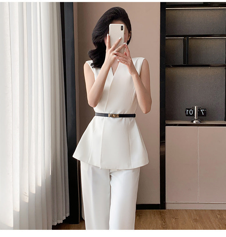 Fashion Casual suit 2025 New High-end Temperament Slimming Waist Sleeveless Jacket Straight Pants Two-piece Set
