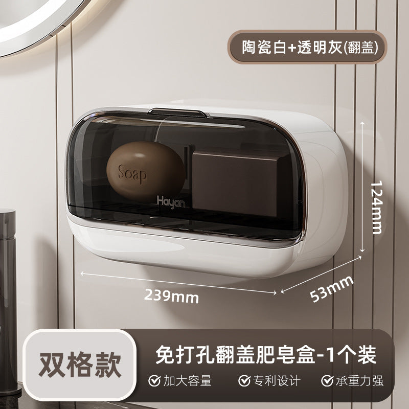 Double-compartment Soap Box Flip Cover Non-perforated Wall-mounted Draining Soap Box Bathroom Household High-end Light Luxury Storage Box