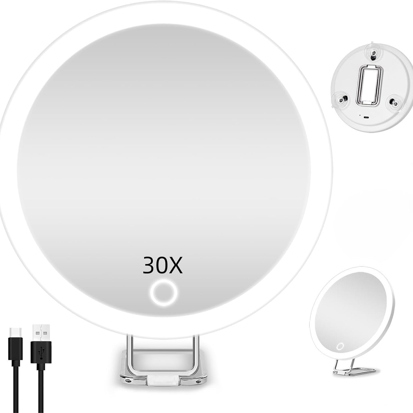 New 30 times magnification makeup mirror charging led light with lamp 360 degree bracket with lamp mirror 3 suction cup 10X20X