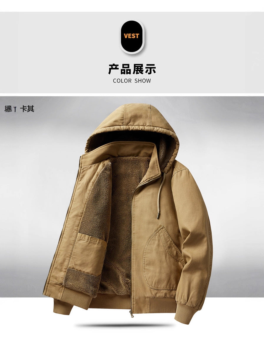 Men's Autumn and Winter Warm Fashion Fleece-Lined Bomber Jacket American-Style Workwear Hooded Cotton Coat for Warmth