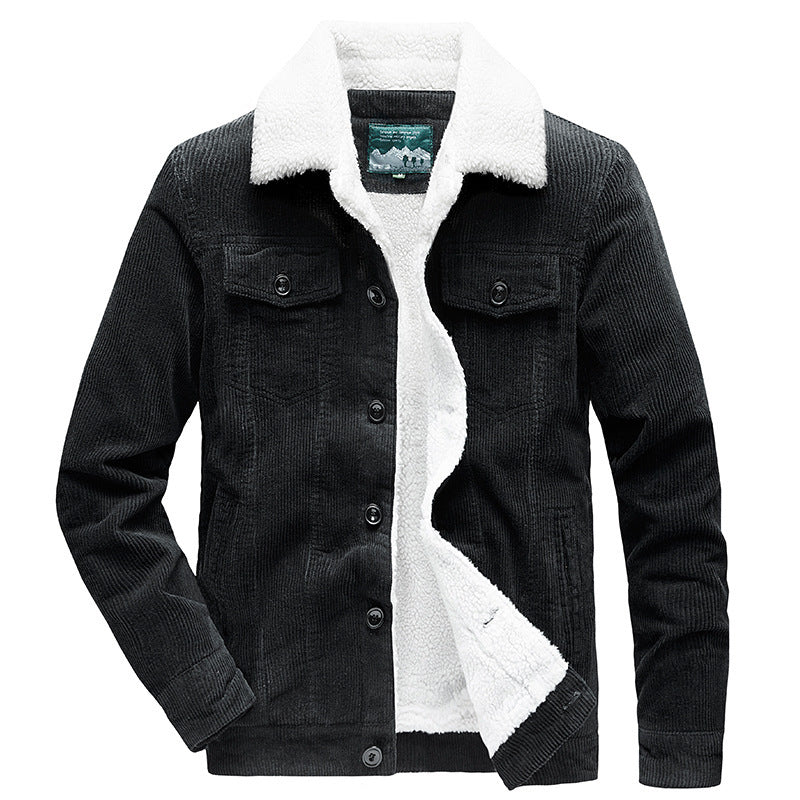 Lamb Velvet Jacket Men's Autumn and Winter Thickeneded Cotton Outwear Corduroy Workwear Cotton Jacket Fleece-Lined Retro Corduroy Jacket