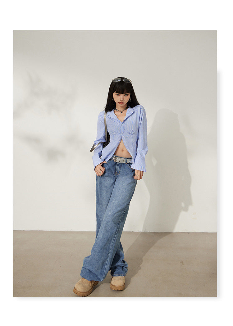 Retro Washed Wide-Leg Jeans for Women, Autumn New Low-Waist Straight Loose Design, Slimming Floor-Length Pants