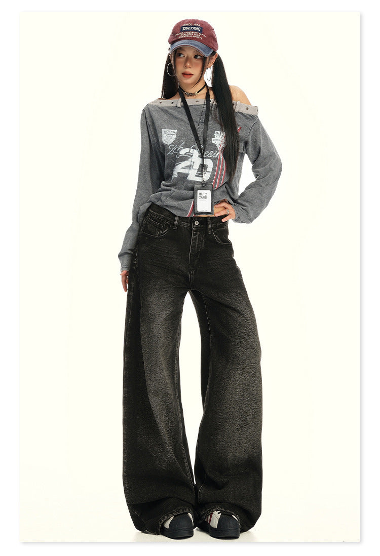 American Retro Wide-Leg Jeans for Women 2025 Early Autumn New Design Distressed Slimming Straight-Leg Floor-Length Pants