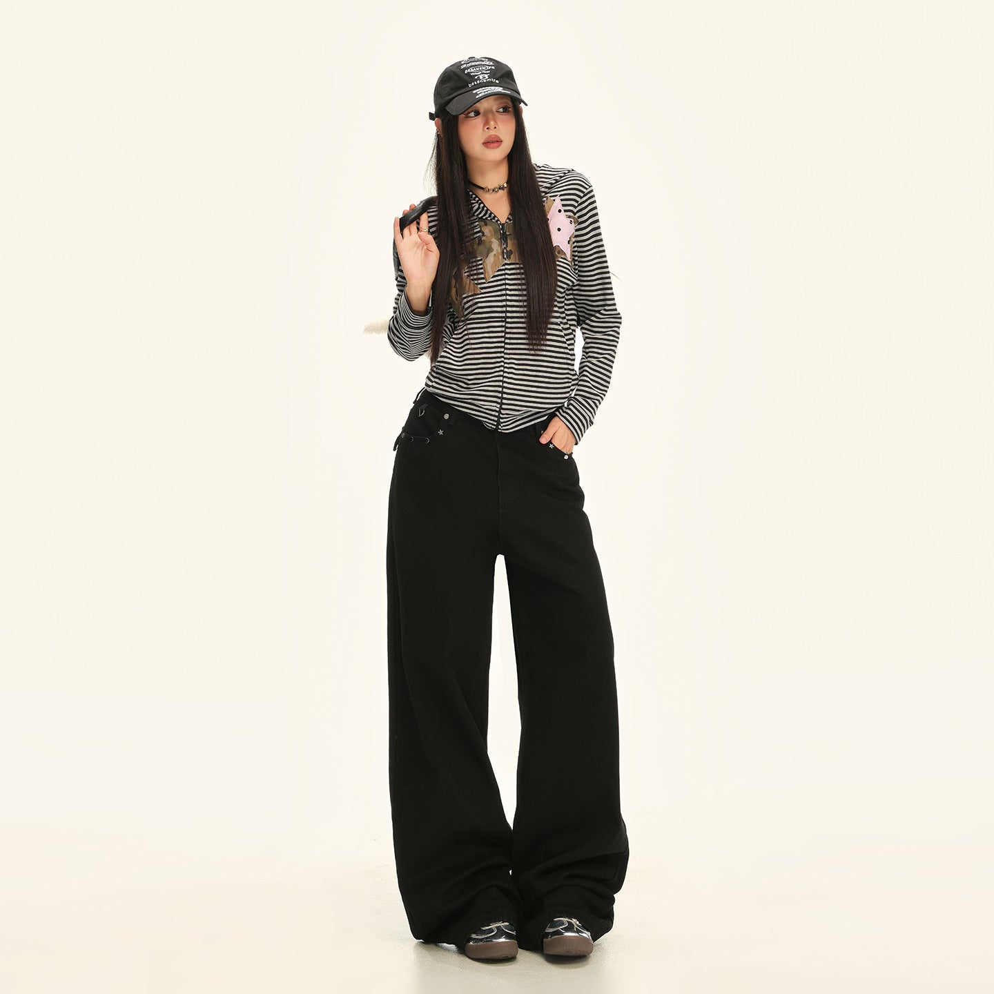 American Retro Pocket Design Black High-Waisted Wide-Leg Pants for Women, New Autumn Loose Drape Slimming Jeans for Women