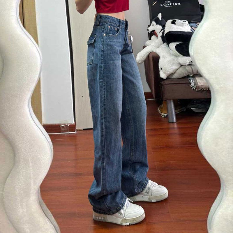 High-Waisted Loose Straight-Leg Jeans for Women, Autumn New Blue Petite Slim-Fit Narrow Wide-Leg Pants