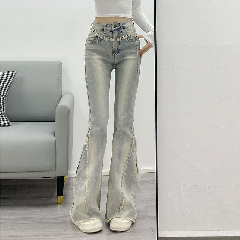 Hot Girl Raw Edge Bootcut Jeans for Women 2025 Spring & Fall New American Retro Slimming Look Horseshoe Flared Pants