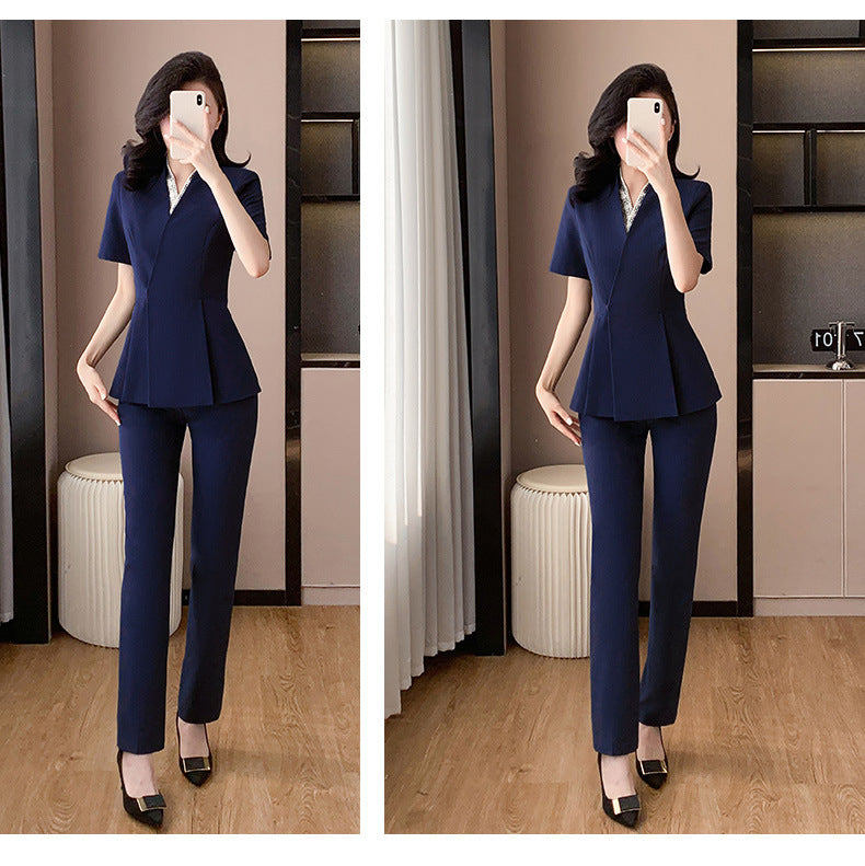 Blue Suit Jacket Women's Spring and Summer Short-sleeved Jewelry Store Front Desk Business Dress Dress Waist Tight Beauty Salon Suit suit
