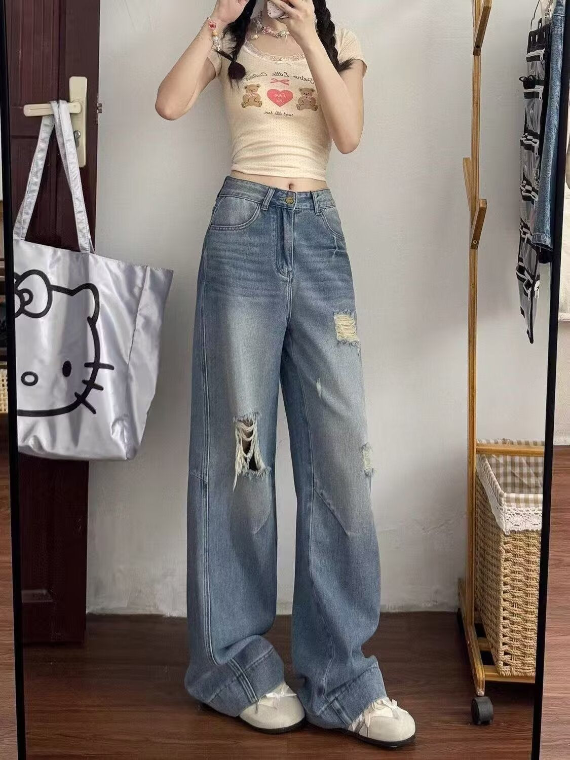 American Style Ripped Jeans for Women, Autumn New Plus-Size High-Waisted Pear-Shaped Figure Slimming Loose Wide-Leg Pants