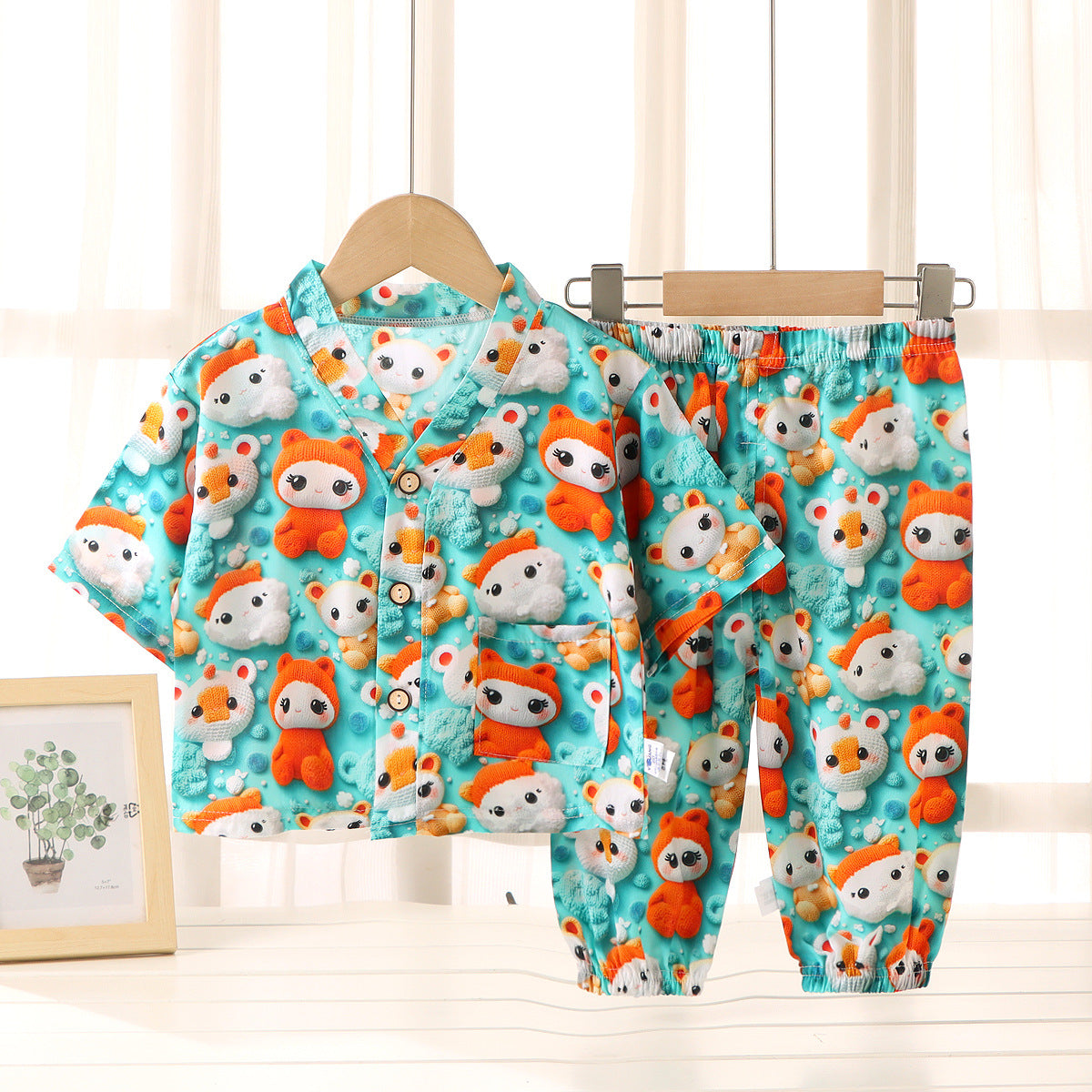 Children's Home Clothes Cotton Silk Suit Summer Boys and Girls Pajamas Artificial Cotton Two-Piece Set Cotton Silk Air-Conditioned Clothes Kidsren's Clothing