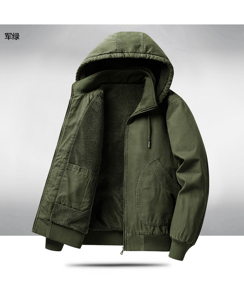 Men's Autumn and Winter Warm Fashion Fleece-Lined Bomber Jacket American-Style Workwear Hooded Cotton Coat for Warmth