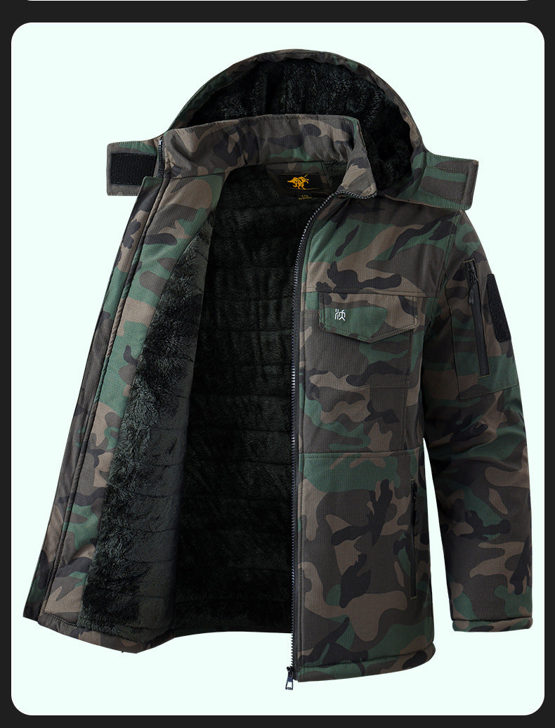 Winter Mid-Length Cotton Work Clothes for Men, Velvet Thickeneded Cotton Jackets, Cold-Proof, Windproof and Warm Camouflage Work Clothes, Military Coats
