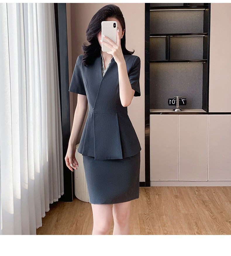 Blue Suit Jacket Women's Spring and Summer Short-sleeved Jewelry Store Front Desk Business Dress Dress Waist Tight Beauty Salon Suit suit