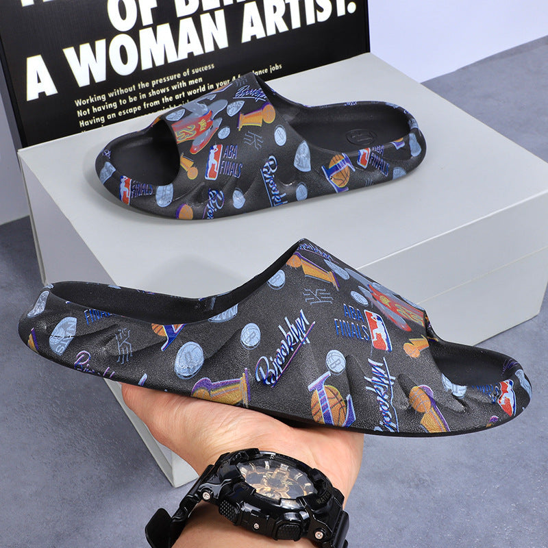 2025 New Style Slippers Men's Sporty Style Summer Odor-proof Non-slip Casual Flame Trendy Couple's Home Slippers