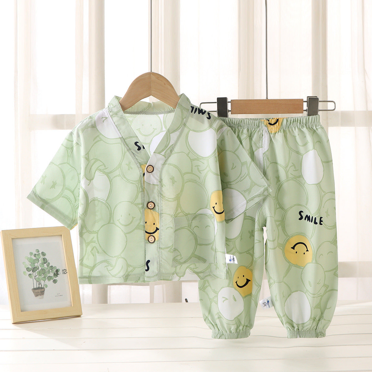 Children's Home Clothes Cotton Silk Suit Summer Boys and Girls Pajamas Artificial Cotton Two-Piece Set Cotton Silk Air-Conditioned Clothes Kidsren's Clothing