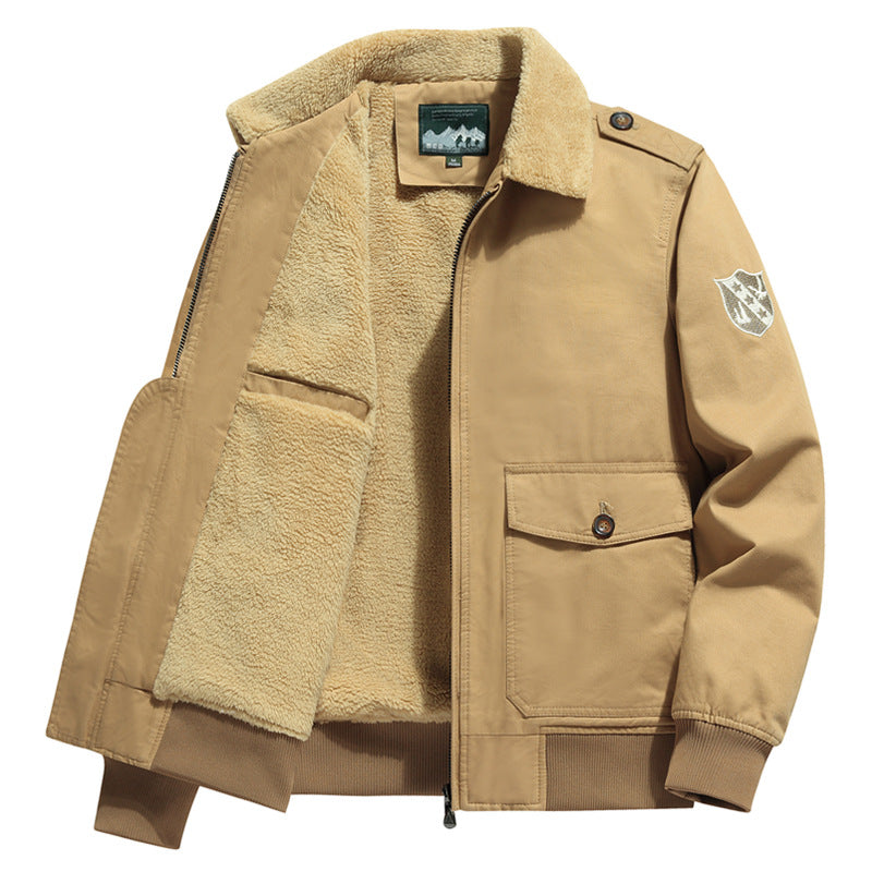 New Lamb Wool Jacket Men's Winter Thickened Wool Collar fleece-lined Overalls Cotton-padded Jacket Men's Jacket Casual Cotton-padded Jacket Aviator