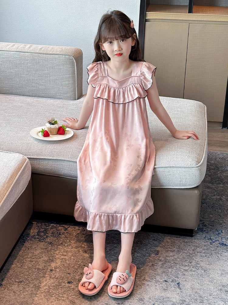 Girls' Summer Ice Silk Jacquard Butterfly Nightgown 2025 New Western Style Children's Thin Pajamas Large Children's Home Clothes
