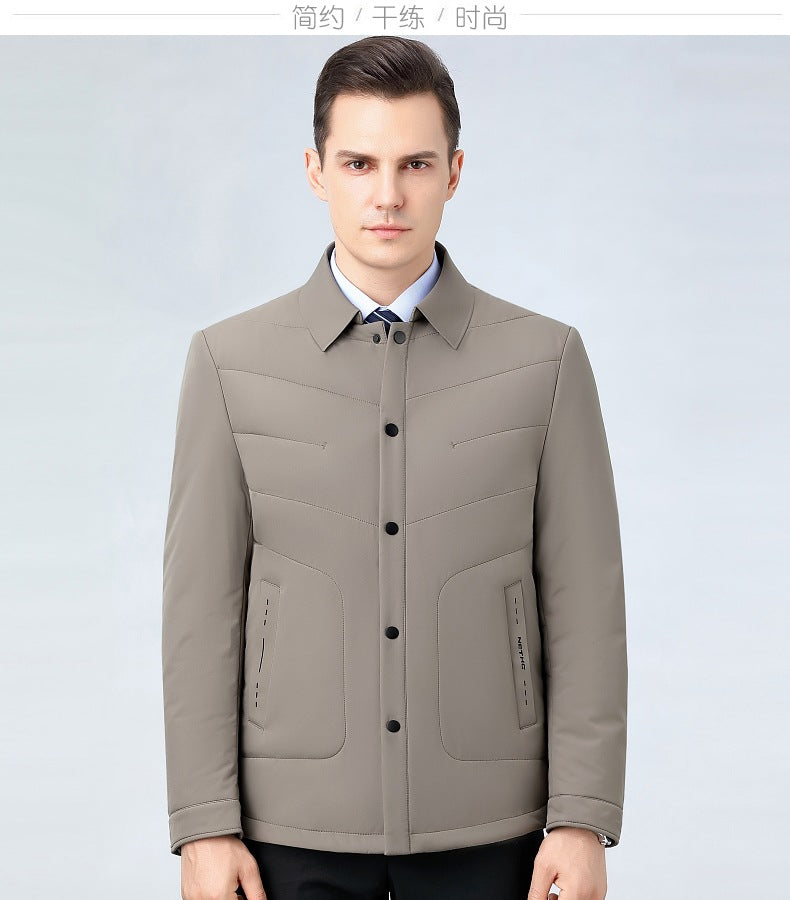 2025 Winter Mulberry Silk Men's Cotton Jacket with Turn-Down Collar, Quilted Middle-Aged Business Casual Cotton Coat for Dad