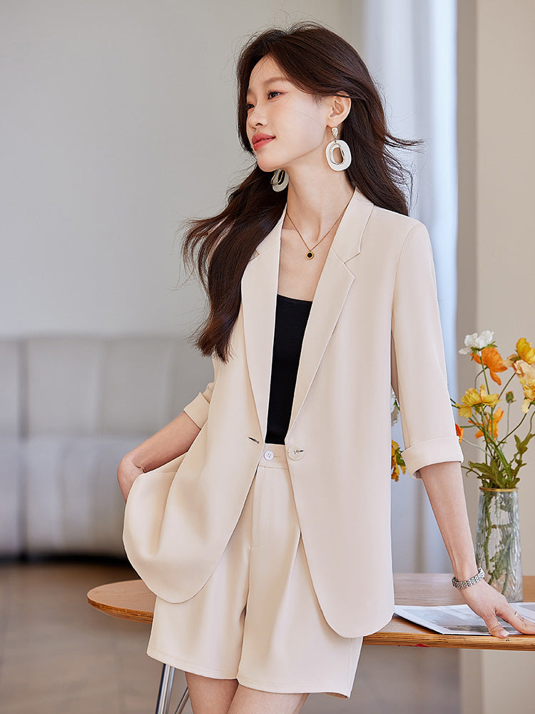 Blue Mid-Sleeve Chiffon Suit Jacket for Women 2025 New Summer Thin Style Fashionable High-End Shorts Suit