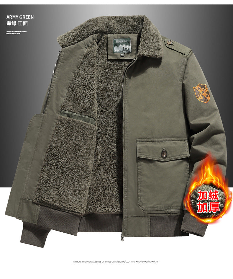 New Lamb Wool Jacket Men's Winter Thickened Wool Collar fleece-lined Overalls Cotton-padded Jacket Men's Jacket Casual Cotton-padded Jacket Aviator