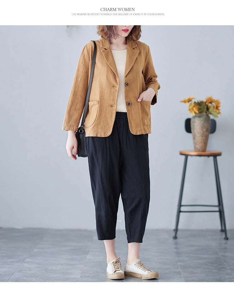 2025 Real Shot of New Cotton and Linen Retro Literary Loose Versatile Casual Long-Sleeved Button-Down Small Suit Short Jacket for Women