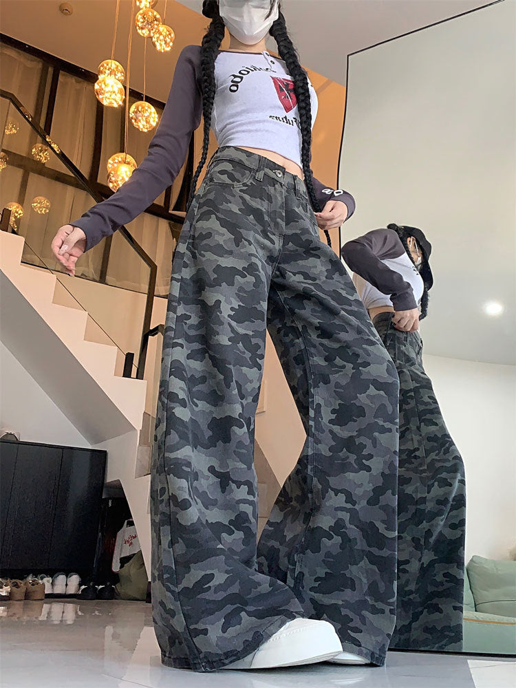 Plus Size Workwear Wide-Leg Camouflage Jeans for Women, Autumn American Style, Loose Retro Drape, Lazy Straight Pants for Chubby Women