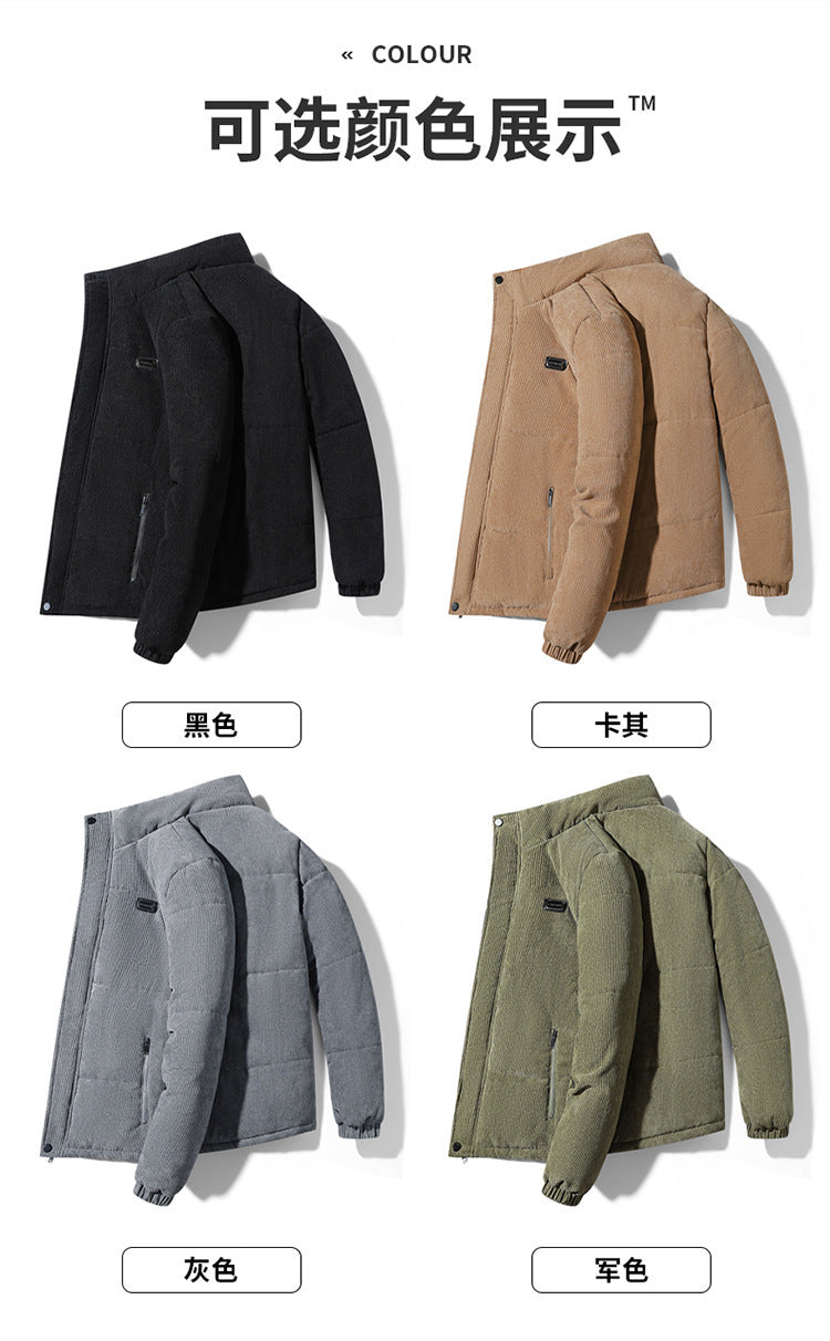 Thickened corduroy cotton-padded jacket for autumn and winter men's warm neck protection stand collar cotton-padded jacket European and American plus size fashionable cotton-padded jacket