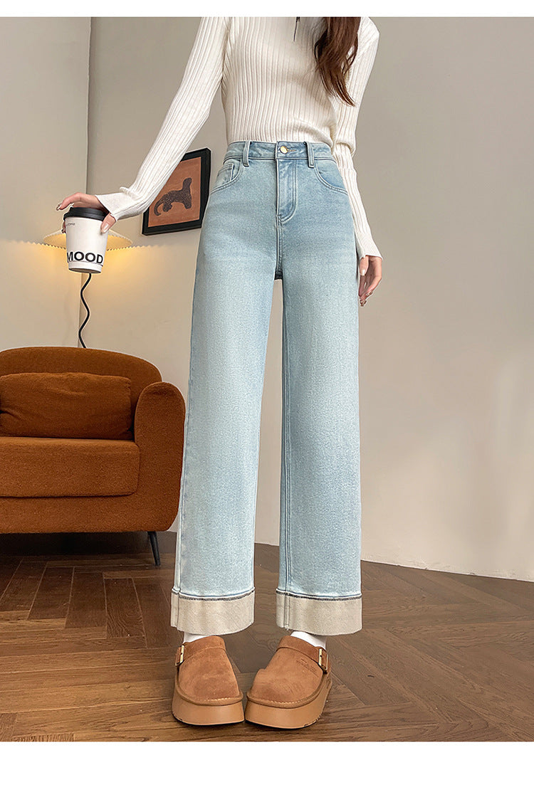 Fleece-Lined Cigarette Jeans for Women, Autumn/Winter 2026 New Style, Wide-Leg, Slim-Fit, Loose, Flattering, Petite Straight-Leg Pants