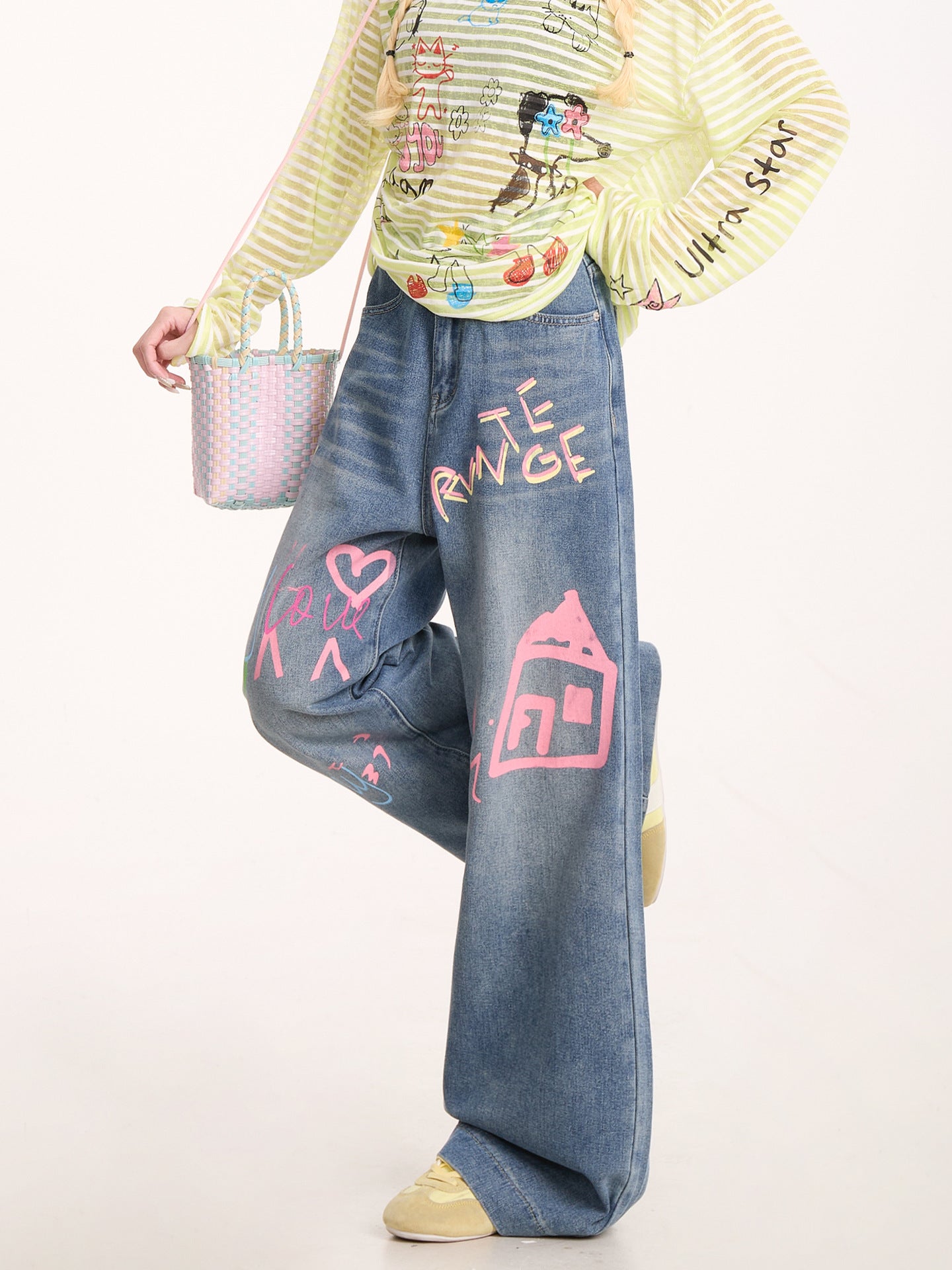 American Graffiti Print Jeans for Women, Trendy Retro Washed Straight Pants, Loose Casual Drape Versatile Casual Pants